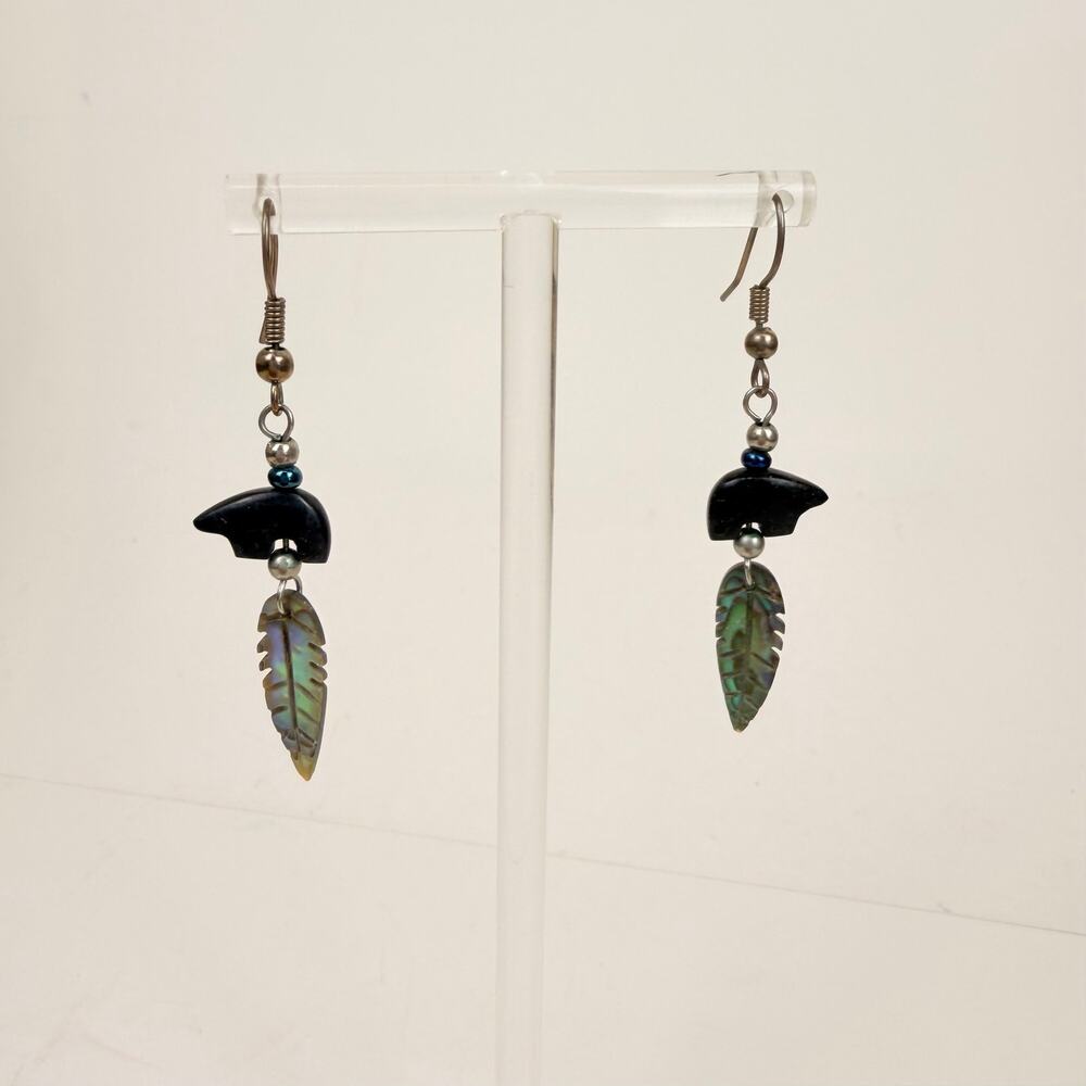 Bear and Leaf Dangly Earrings Silver Tone